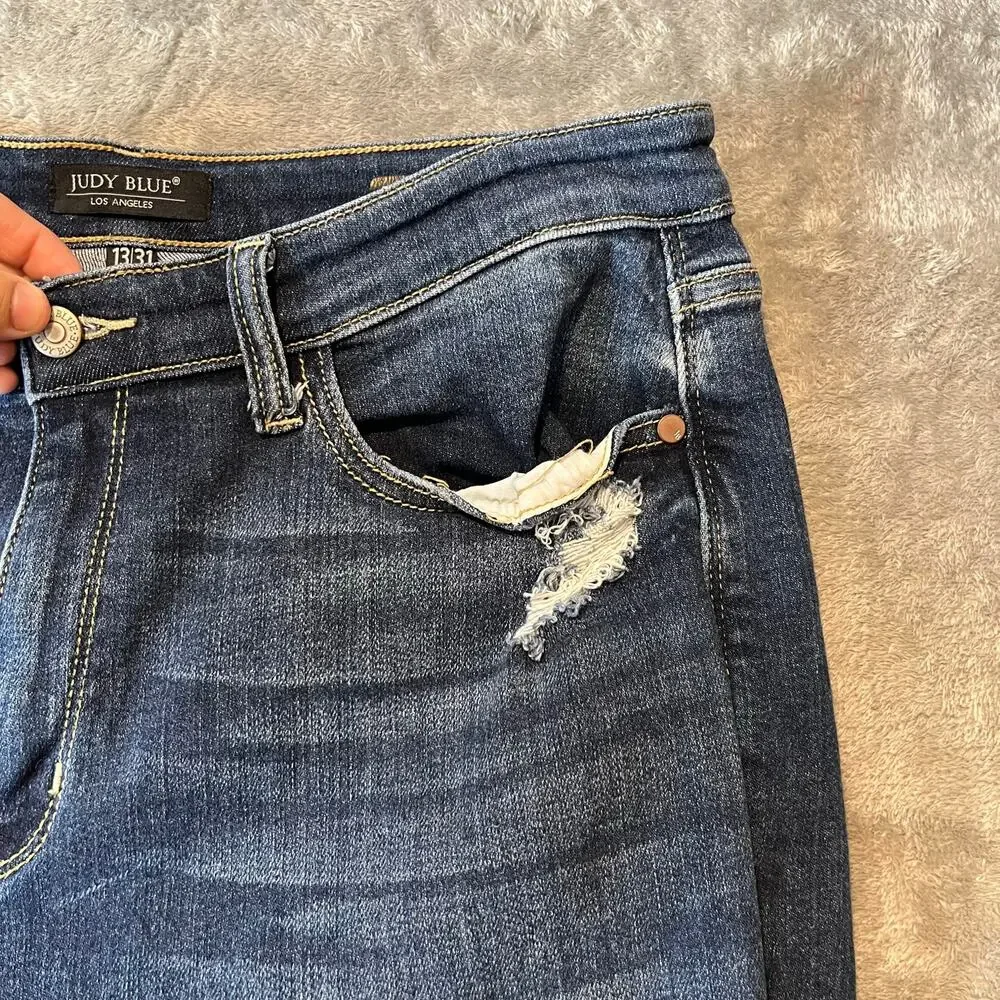 Judy Blue High Waisted Boyfriend Fit Distressed Denim Blue Jeans Women's‎